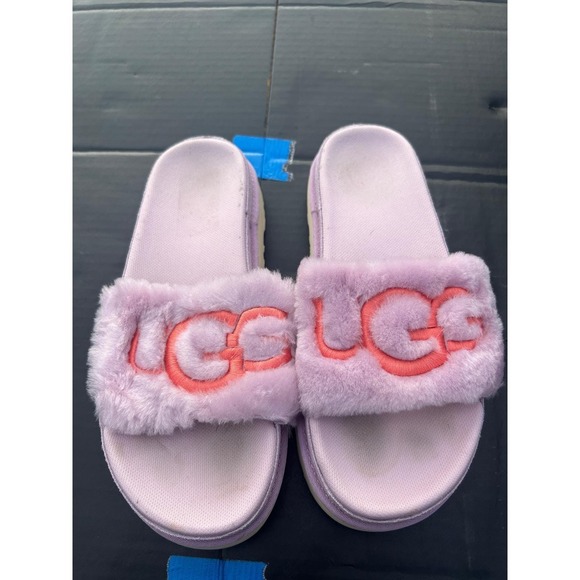 UGG Laton fluffy platform fur slides pink/purple shoes - Picture 8 of 11